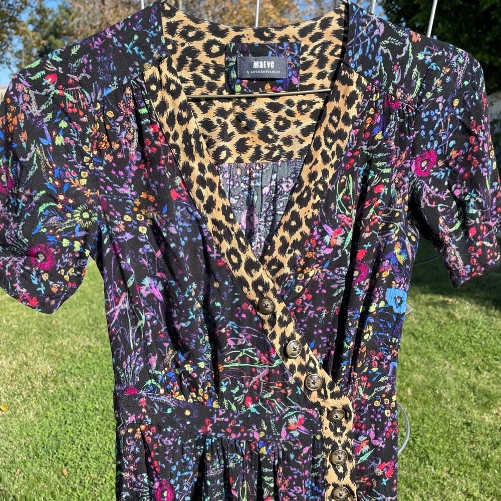 Maeve Anthropologie Flowered leopard Wrap Dress